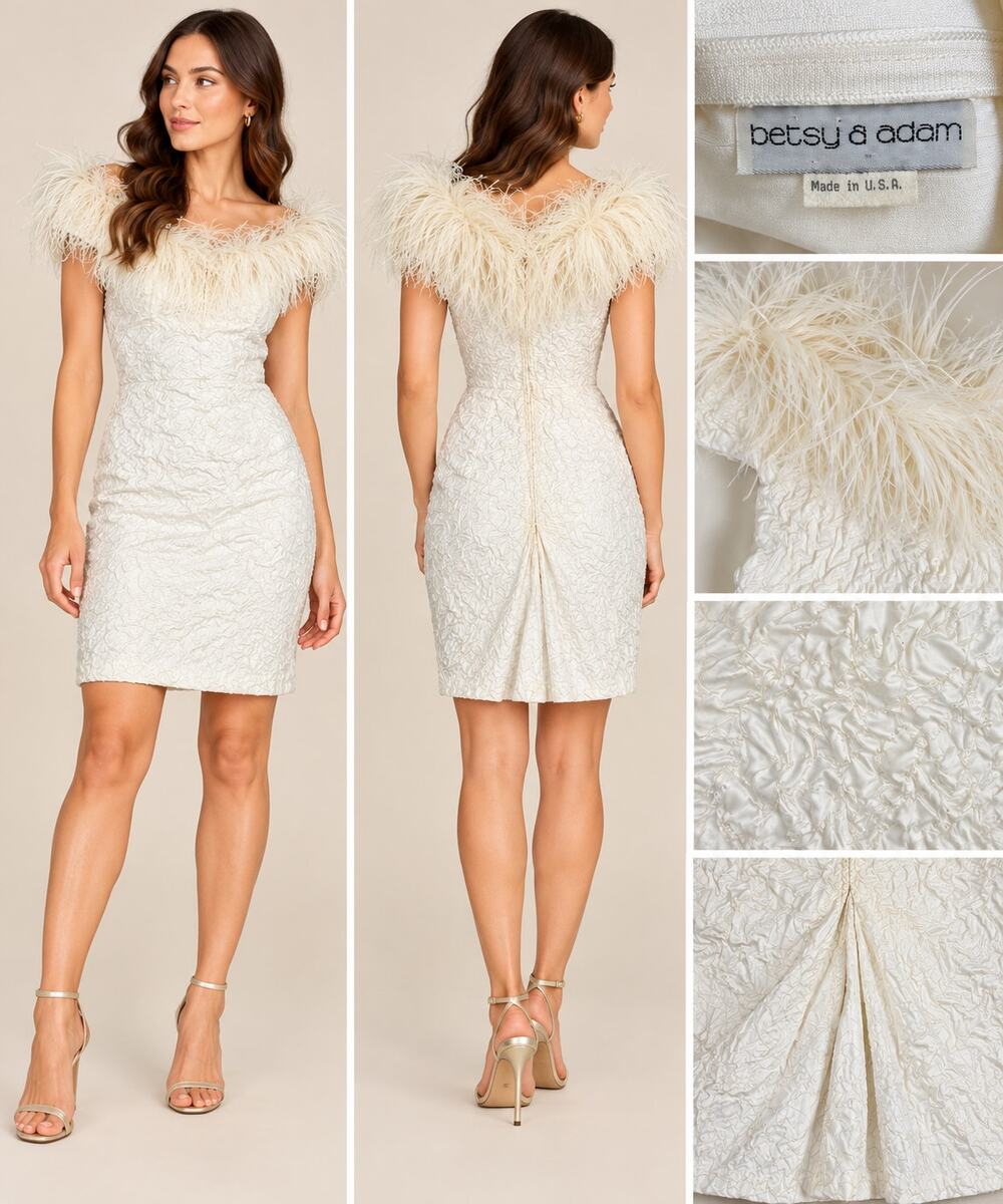 Vintage Betsy & Adam Ivory Feather Cocktail Dress Ruched Bodycon Made USA 80s